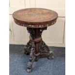 A Chinese hardwood and inlaid occasional table, the circular top profusely decorated with figures