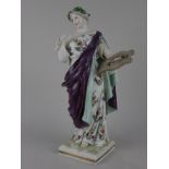 A continental porcelain figure of a female lute player holding lute and scroll wearing purple robe