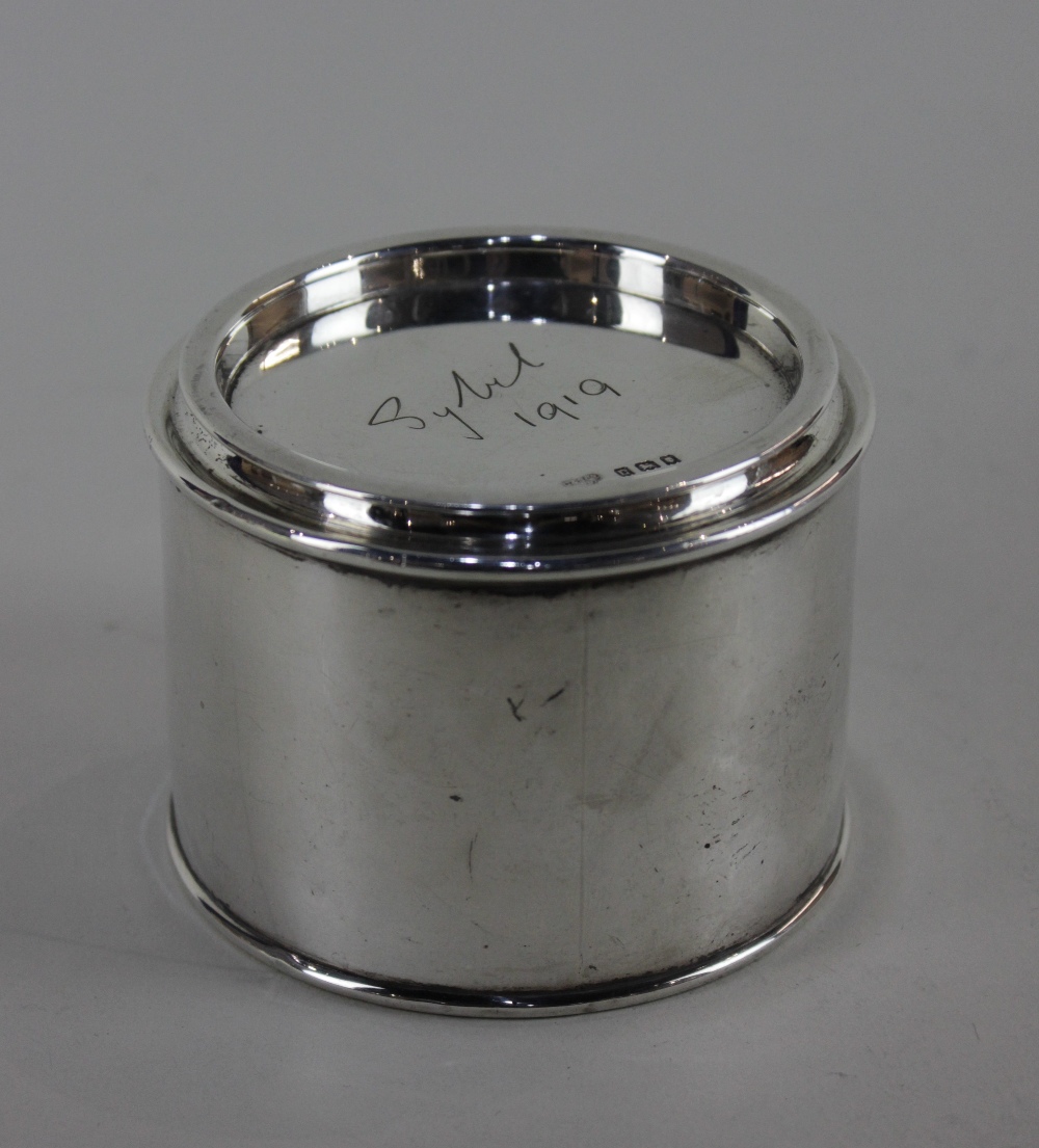 A George V silver treacle tin cylindrical shape with lid engraved Sybil 1919, maker Goldsmiths and