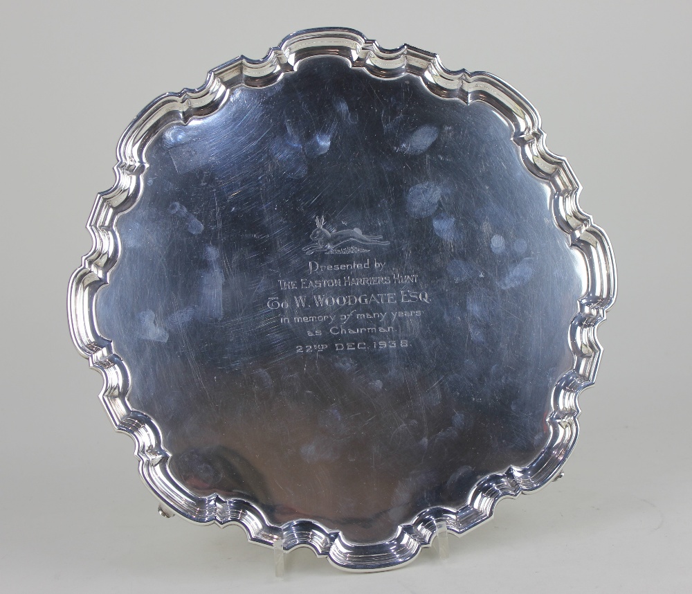 A George VI silver salver with pie crust border on four scroll feet, presentation inscription, maker - Image 2 of 2