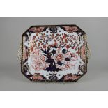 A Crown Derby imari porcelain two handle tray rectangular shape with scroll handles, decorated