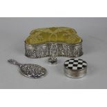 An Edward VII silver jewellery box with pin cushion lid and cloth lined fitted interior, the sides