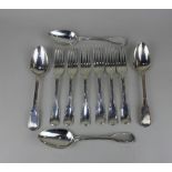 A set of six George III silver Fiddle and Thread pattern table forks and four table spoons, makers