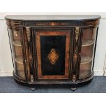 A Victorian gilt metal mounted ebonised credenza central breakfront cupboard with burrwood banding