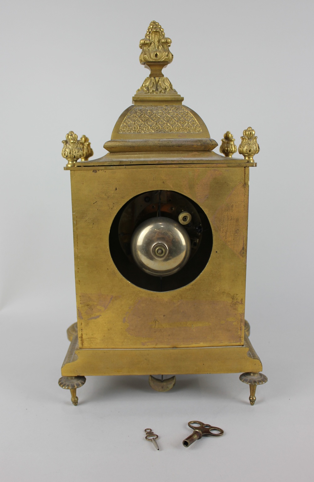 A 19th century ormolu mantle clock having eight-day French movement with Sevres style panels and - Image 2 of 2