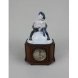 A small porcelain mounted burr wood mantle clock, Swiss movement by Franz Morawetz Wien, mounted