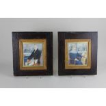 A pair of 19th century miniature portraits of a seated lady and gentleman, watercolour, 14cm by 12cm