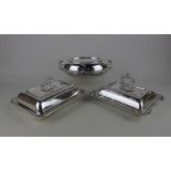 Three silver plated tureens and covers one oval with glass liner, one rectangular with gadrooned