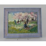 Ronald Ossory Dunlop RA (Irish/British, 1894-1973), figures amongst blossom trees, oil on board,