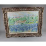 20th century school, French landscape view across a field of lavender towards cypress trees and