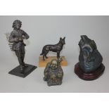 A bronzed metal monkey figure carrying a glass bud vase 24cm high, together with a metal model of