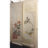 Manner of Qi Ling-Shi, a Chinese scroll depicting chrysanthemum and bees, picture area 135cm by