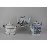 Two late 18th / early 19th century New Hall porcelain silver shape teapots; one decorated with boy