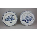 Two glazed blue and white plates, each with lobed rim decorated with a Chinese landscape,