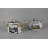 Two 19th century porcelain teapots decorated with landscape vignettes and gilt foliate motifs, one