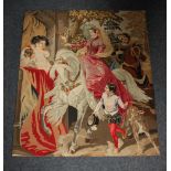 A needlework panel of a Royal figure on horseback, with a young boy and dog in the foreground,