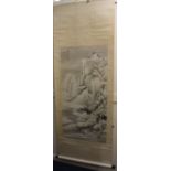 Manner of Wu Dawei, a Chinese scroll painting depicting a snow covered landscape with character