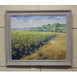 Melanie Cambridge, 'Sunflowers near Benon', acrylic on canvas, signed, verso paper label, 60cm by
