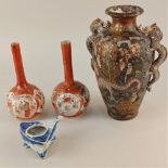 A Japanese Satsuma ware vase with dragon shaped handles, decorated in gilt and polychrome with