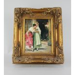 A reproduction print of a painting of two ladies before a couple in a doorway, 24cm by 19cm, in