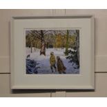 June Berry (b 1924), figures walking in snow covered woodland, 'Snowy Day', watercolour, signed,