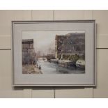 Denis Dellow, canal fishing scene, 'Early Hopefuls Paddington Canal', watercolour, signed and