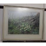 Michael R Humphries, pastel study of primroses and violets at the base of a tree stump, signed,