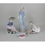 Three Nao porcelain figures comprising a ballerina 14cm high, a lady seated with an umbrella