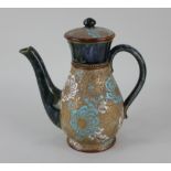A Doulton Lambeth Slaters Patent coffee pot by Ethel Beard, blue green mottled glaze with textured