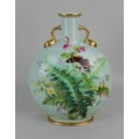 A Minton style moon flask decorated with a butterfly amongst ferns and flowers on pale green ground,