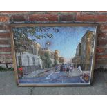 Julian Bell, street scene, 'Gough Street', oil on canvas, unsigned, verso paper label for Francis