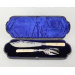 A cased pair of Edward VII silver fish serving knife and fork with pierced blade and fork, London