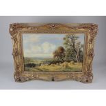 Late 19th / 20th century school, scenic country landscape view across a cornfield with chickens