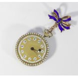 A blue enamel and seed pearl set fob watch with 9ct gold and enamel bow brooch (a/f)