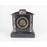 A Victorian black slate and marble architectural mantle clock 29cm high with pendulum and key