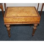 A 19th century burr wood bidet stand with crossbanded cover (missing liner), on turned fluted legs