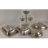 A silver plated epergne with tapered vase and two hanging dishes, 30cm a pair of rectangular