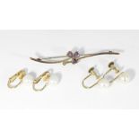 An amethyst and seed pearl clover bar brooch, together with a pair of 9ct gold cameo stud