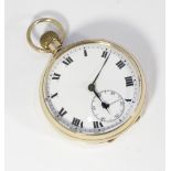 A 9ct gold open face pocket watch top winding with Roman numerals and subsidiary seconds dial, (a/f)