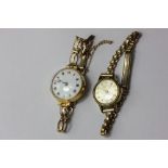 A lady's 18ct gold wrist watch on a 9ct gold bracelet, and a rolled gold watch