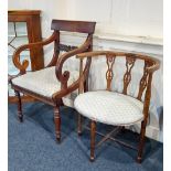 A Victorian carver dining chair with scroll arms and turned legs and an Edwardian inlaid salon chair