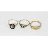 A diamond five stone ring in 9ct gold (a/f one stone missing) and two further 9ct gold rings,