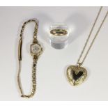 A 9ct gold wedding band, a 9ct gold lady's bracelet watch and a 9ct gold neck chain (a/f, clasp