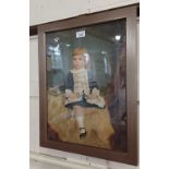 A framed hand painted photographic portrait of a seated child signed and dated in pencil 'B Wilkes
