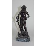 After Donatello, a bronze figure of David on marble base 27cm high