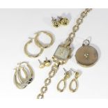 A lady's 9ct gold bracelet watch and two pairs of 9ct gold hoop earrings gross weight 9.3g, together
