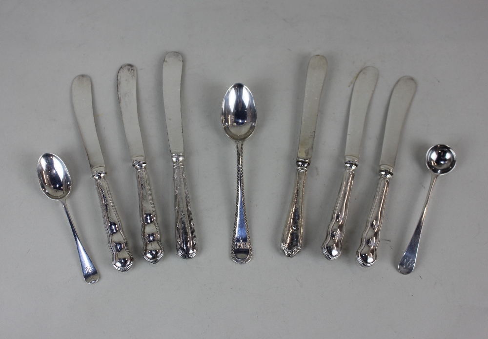 A set of four silver handled dessert knives Sheffield 1922, two other fruit knives, a coffee