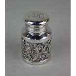 A Victorian silver mounted glass travel inkwell hinged top with engraved initial and scroll banded