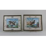 A pair of framed 19th century feather and gouache pictures of birds in a landscape, both within