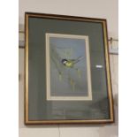 Raymond Watson (1935-1994), blue tit on a branch, gouache, signed, verso paper labels for Mandell'